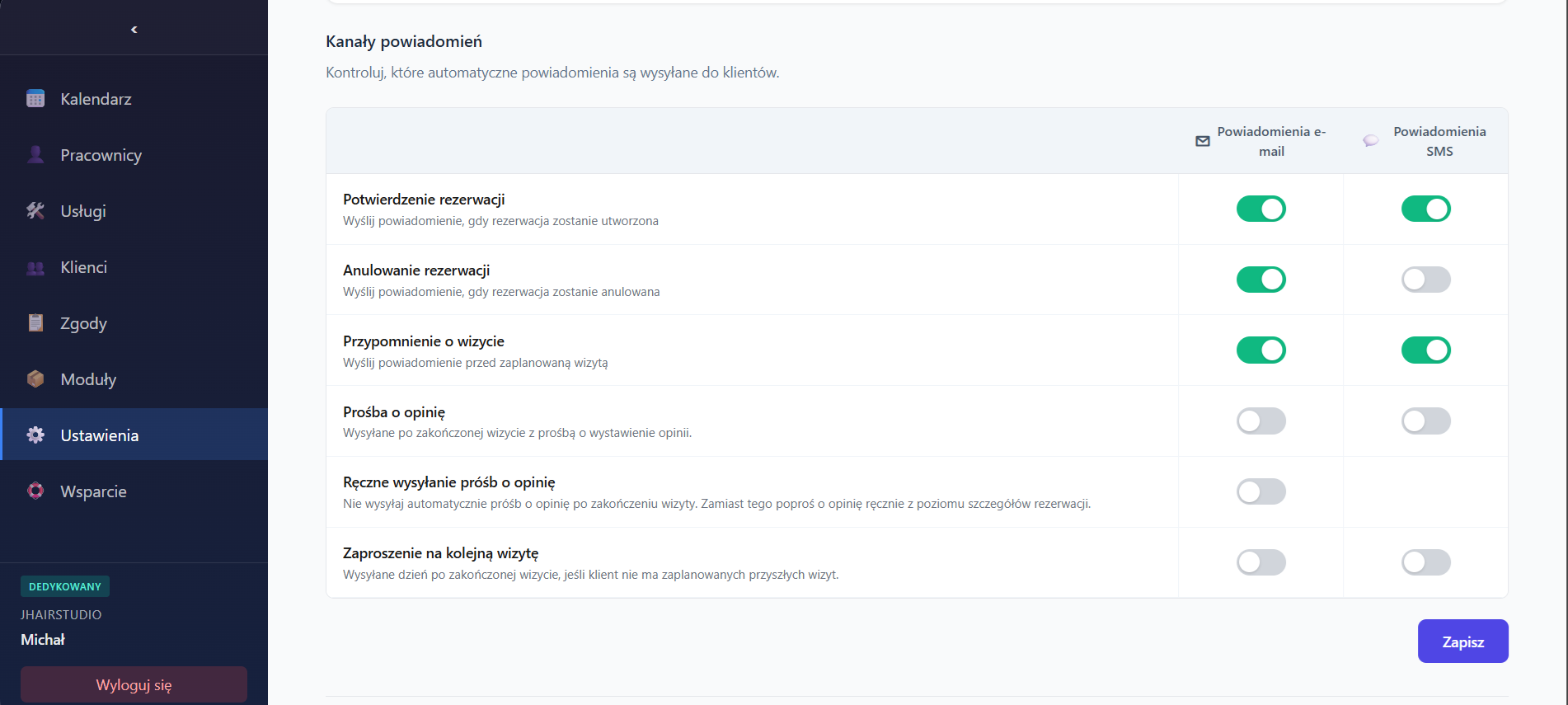 Panel ustawień kanałów powiadomień — włączanie potwierdzeń, przypomnień i zaproszeń osobno dla email i SMS