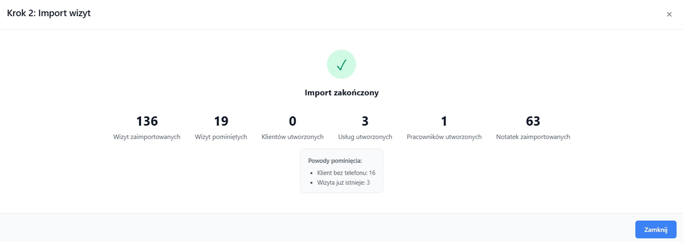 Ekran podsumowania importu wizyt — 136 wizyt, 3 usługi, 63 notatki zaimportowane