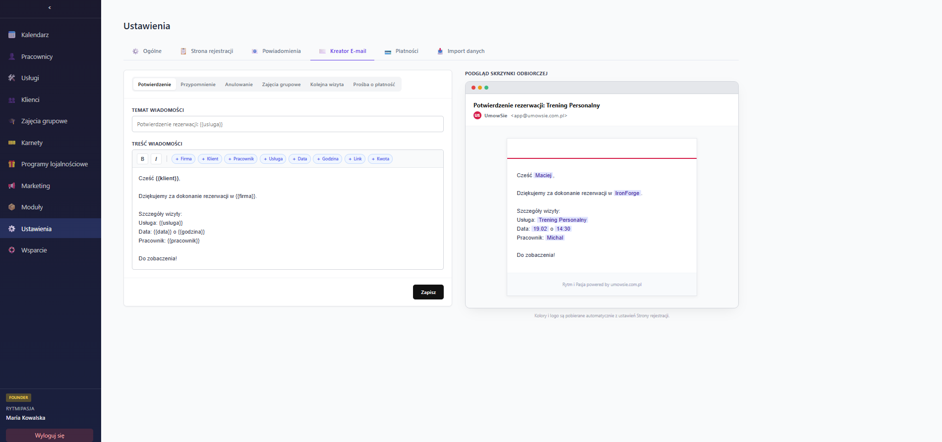 Customowe powiadomienia email w systemie rezerwacji