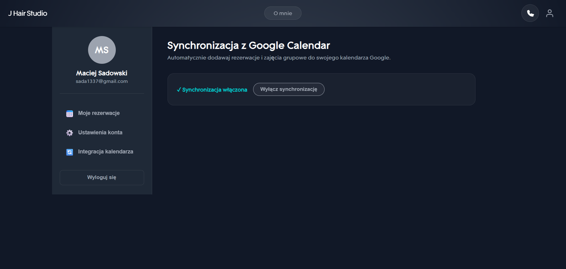 Widok synchronizacji z Google Calendar z perspektywy klienta