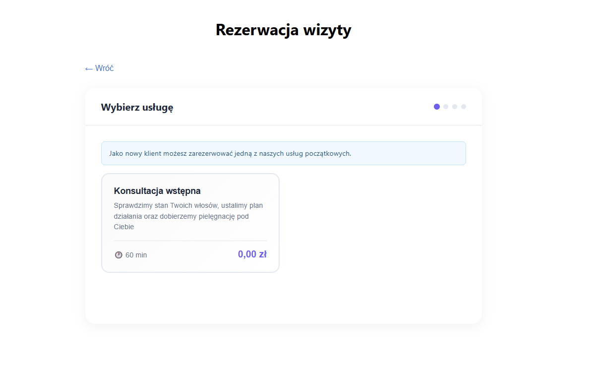 Strona rezerwacji UmówSię z włączoną funkcją usług początkowych — nowy klient widzi tylko Konsultację wstępną z informacyjnym komunikatem