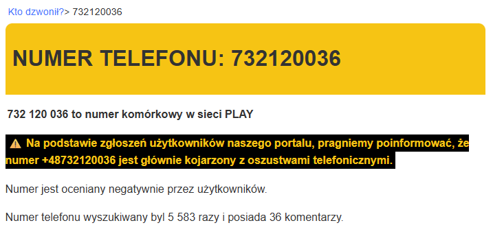 Zrzut ekranu z portalu Kto dzwonił? — numer telefonu 732 120 036 oznaczony jako kojarzony z oszustwami telefonicznymi, wyszukiwany 5 583 razy
