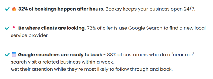 Trzy statystyki opublikowane przez Booksy: 32% rezerwacji poza godzinami pracy, 72% klientów szuka w Google, 88% szukających „near me
