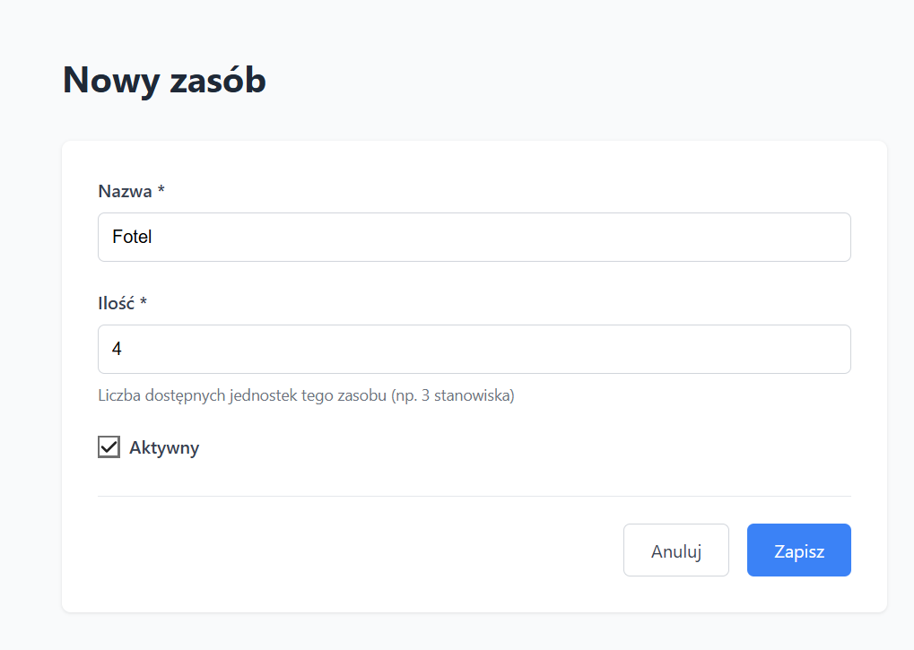 Formularz tworzenia nowego zasobu w UmówSię — nazwa Fotel, ilość 4 jednostki, status aktywny