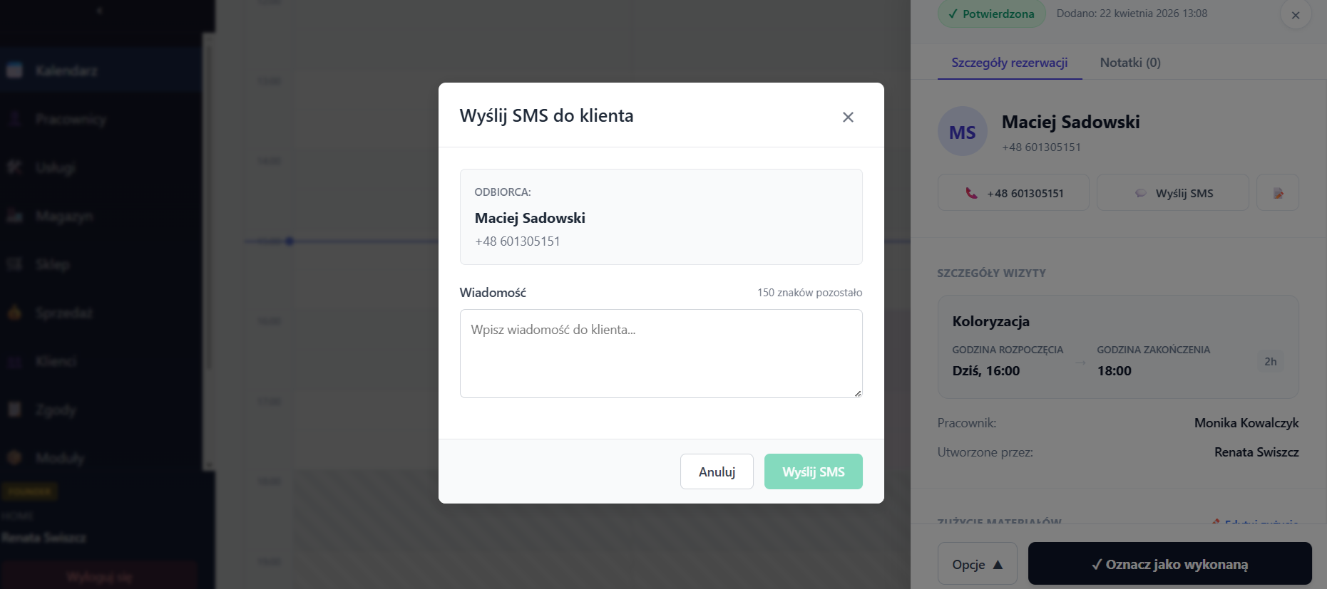 Okno wysyłania ad-hoc SMS-a do klienta bezpośrednio z poziomu szczegółów rezerwacji w systemie UmówSię