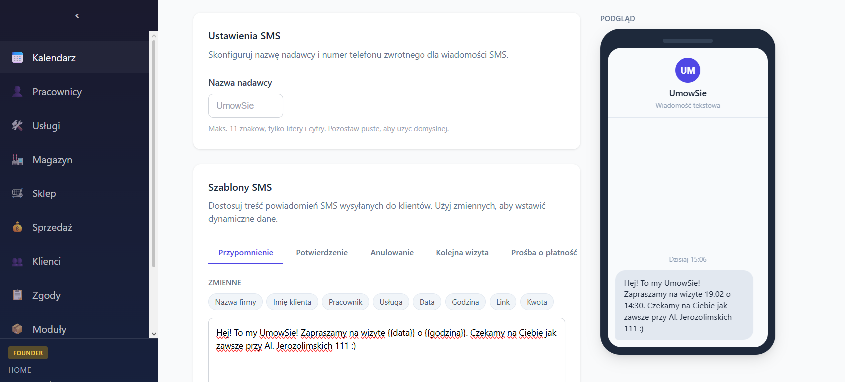 Panel konfiguracji powiadomień SMS w UmówSię — nazwa nadawcy, szablony, zmienne i podgląd wiadomości na telefonie