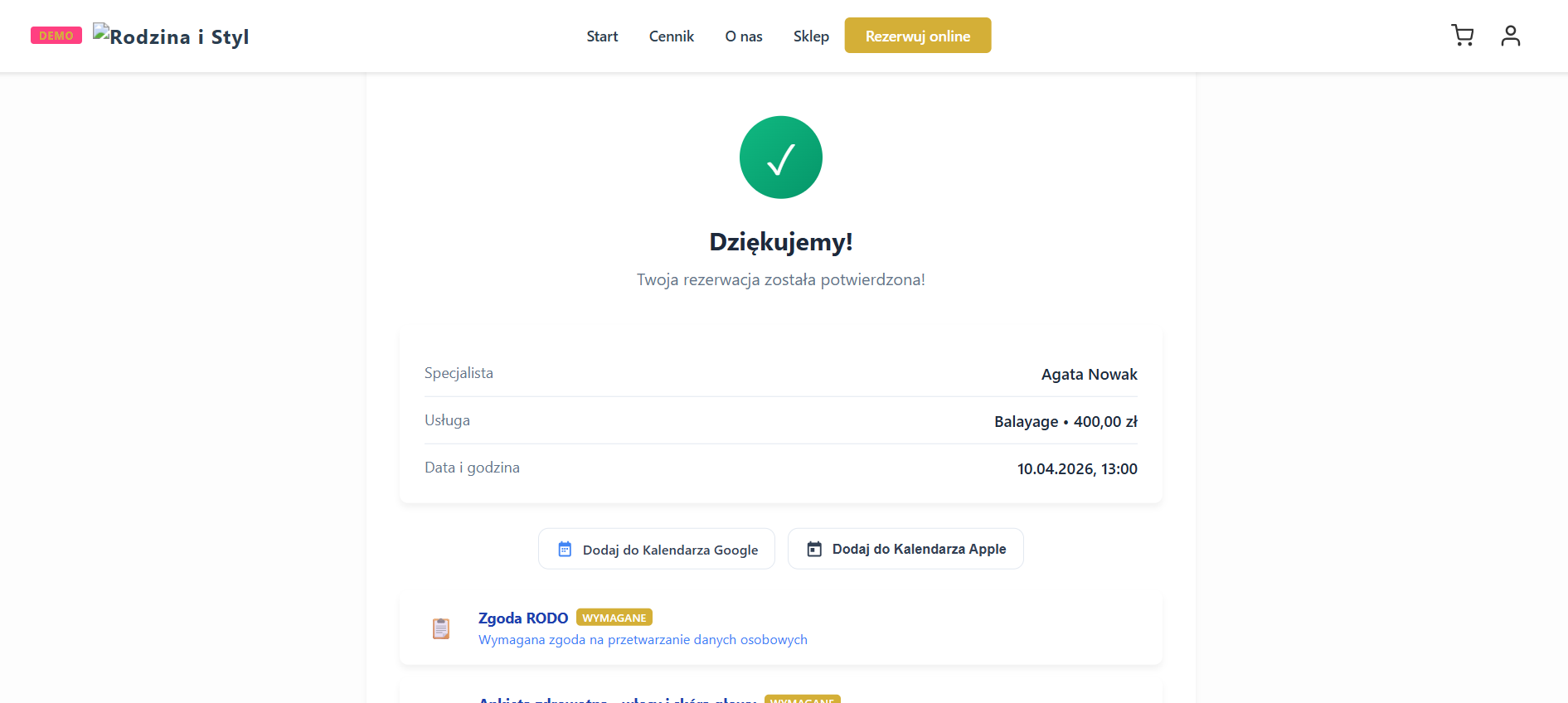 Ekran potwierdzenia rezerwacji z linkiem do ankiety RODO