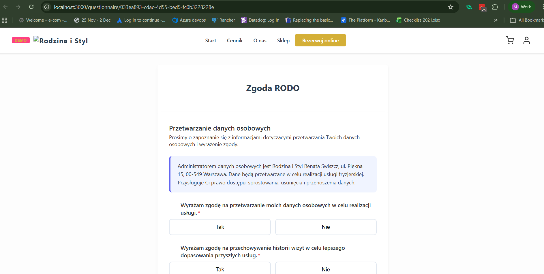 Formularz ankiety RODO widoczny z perspektywy klienta — pytania Tak/Nie i blok informacyjny